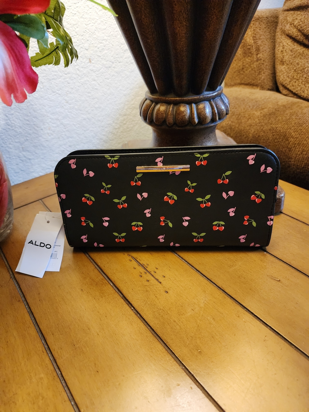 ALDO Black Faux Leather Zip- Around Wallet With Red & Pink Cherry Print - NWT
